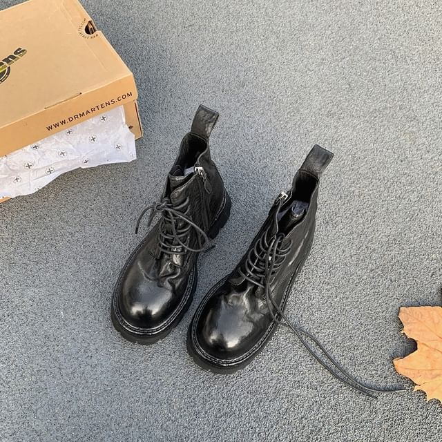 Lace-Up Genuine Platform Plain Short Boots Leather