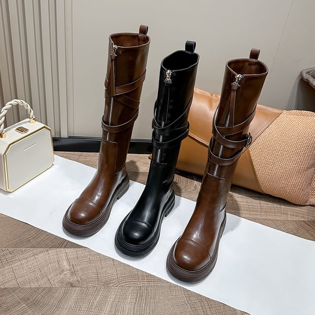 Boots Platform Tall Plain Faux Zip-Up Leather Buckled
