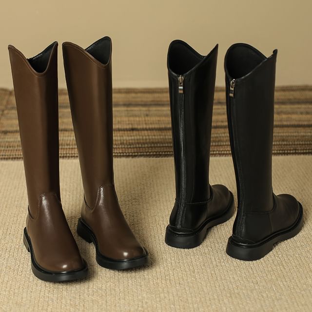 Boots Tall Leather Zip-Up Faux Platform Plain