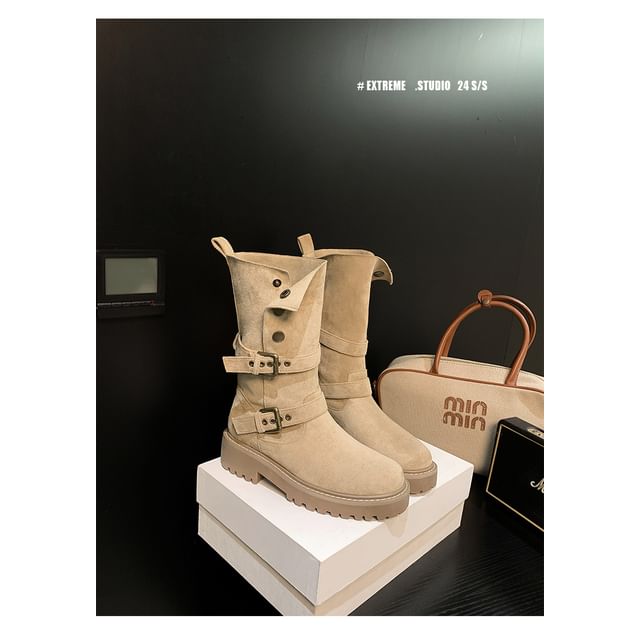 Buckled Boots Calf Mid Platform Button