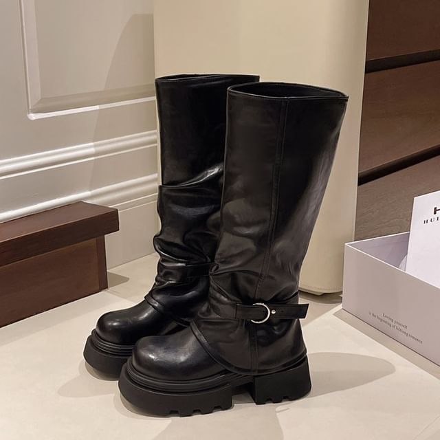 Panel Knee Platform Buckled High Boots