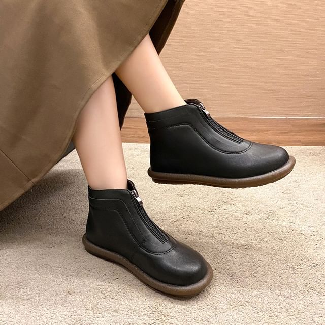 Boots Leather Short Faux Zip-Up Plain