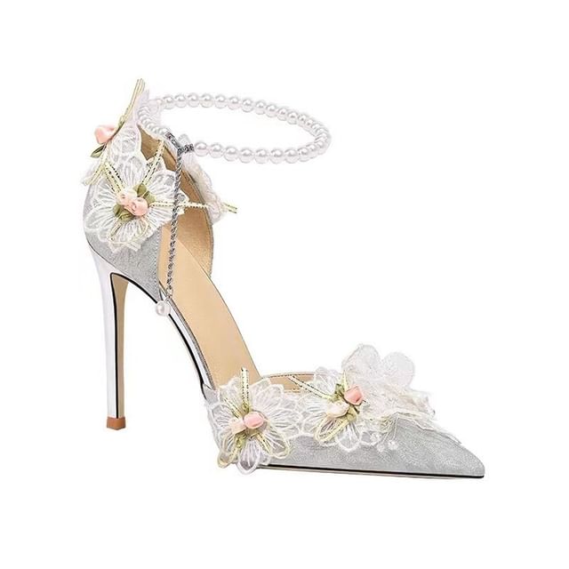 Faux Ankle Pumps Accent D'Orsay Pearl Toe Pointed Strap Stiletto Floral