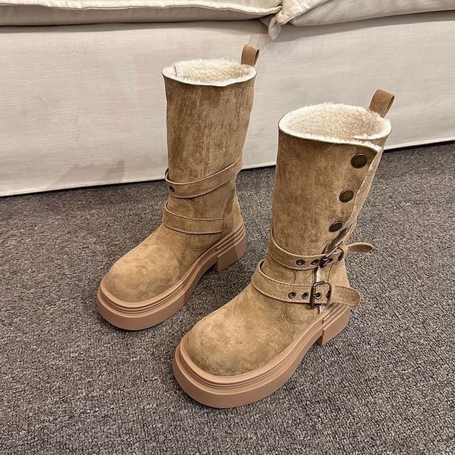 Calf Mid Faux Boots Fur Buckled