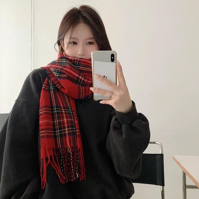 / Lettering Scarf Embroidered Plain Plaid