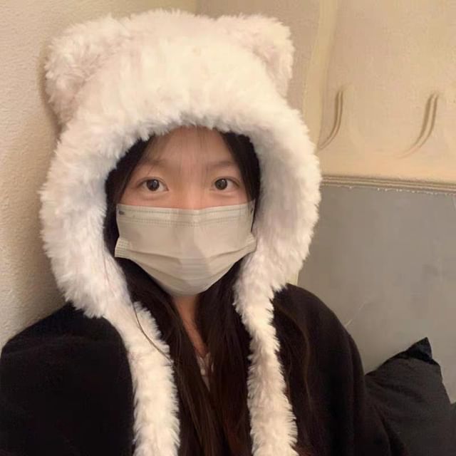/ Plain Beanie Ear Fluffy Bear Ribbed Hat