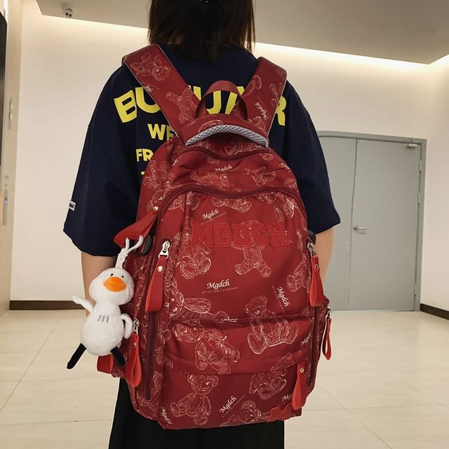 Bear Print Lettering Applique Nylon Laptop Backpack / Tote Bag / Bag Charm / Set