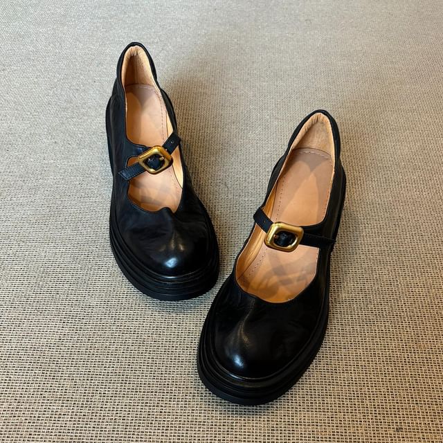 Sample Chunky Heel Plain Buckled Faux Leather Mary Jane Shoes