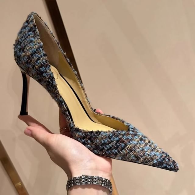 Sample Stiletto Pointed Toe Sequin Tweed Pumps