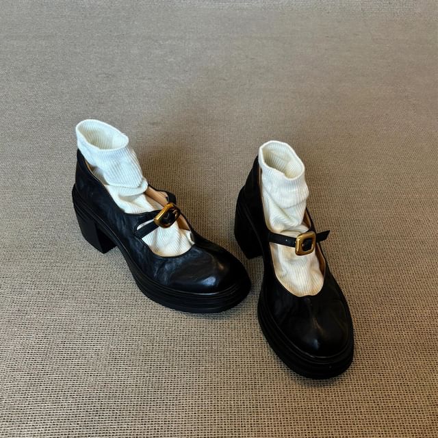 Sample Chunky Heel Plain Buckled Faux Leather Mary Jane Shoes
