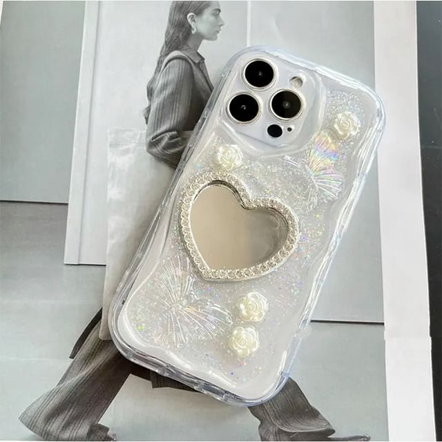Strap Phone Mirrored Case Pearl / Faux Heart Set