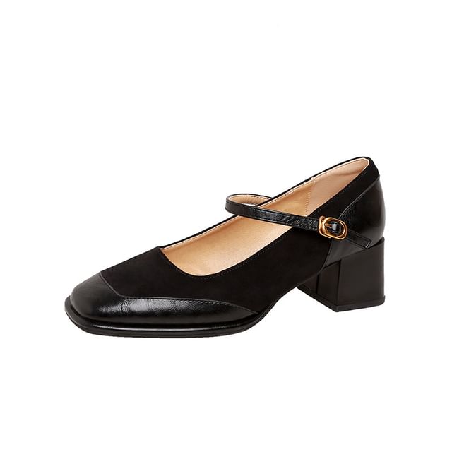 Plain Faux Leather Panel Chunky Pumps Jane Toe Heel Square Mary