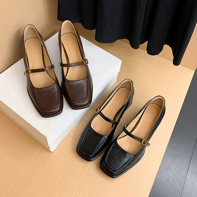 Heel Square Jane Toe Mary Pumps Faux Plain Chunky Leather