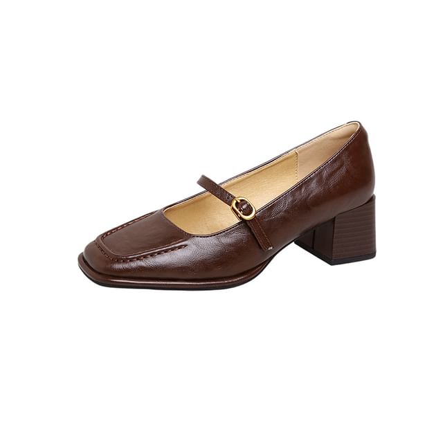 Heel Square Jane Toe Mary Pumps Faux Plain Chunky Leather