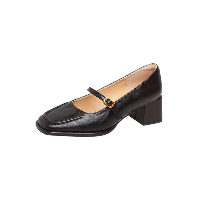 Heel Square Jane Toe Mary Pumps Faux Plain Chunky Leather