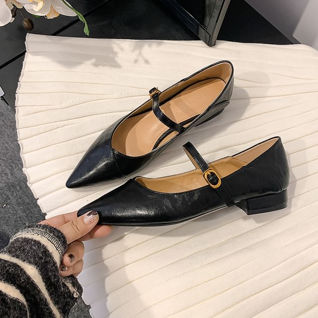 Jane Plain Toe Mary Pumps Faux Buckled Low Leather Pointed Heel