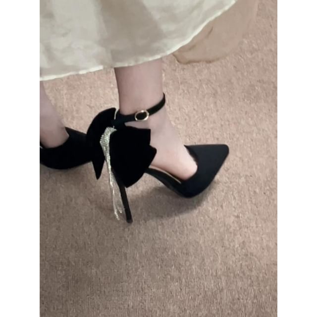 Sample Pointed Toe Platform Bow Rhinestone Fringe Ankle Strap Velvet Stiletto Pumps