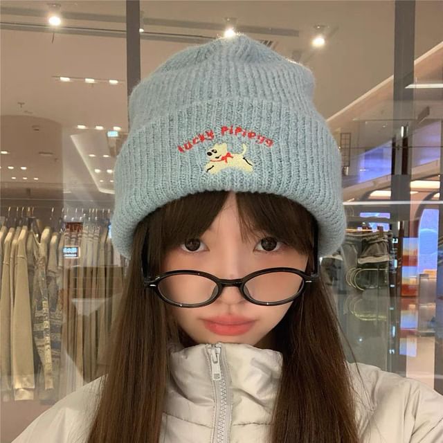 Knit Beanie Dog Embroidered