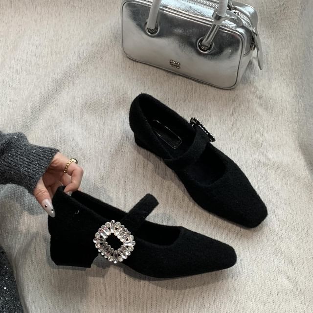 Square Toe Rhinestone Buckled Block Heel Mary Jane Pumps