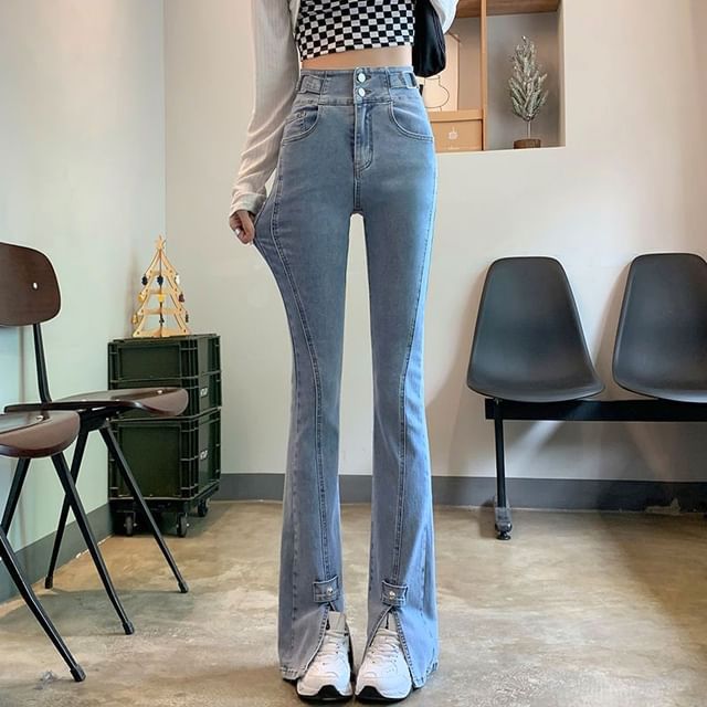 Hem High Slit Waist Jeans Flared