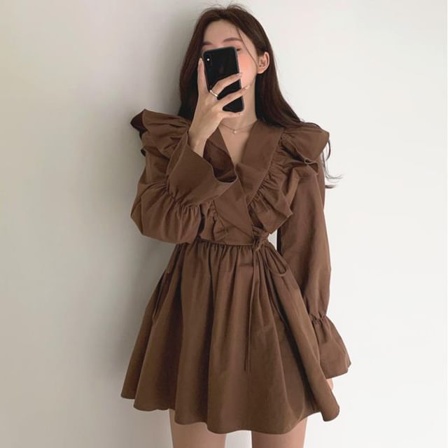 Plain Collared A-Line Mini Dress Long-Sleeve V-Neck