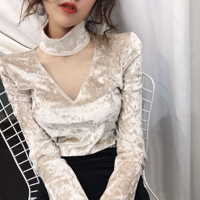 Mesh Mock Long-Sleeve Neck Velvet Panel Top