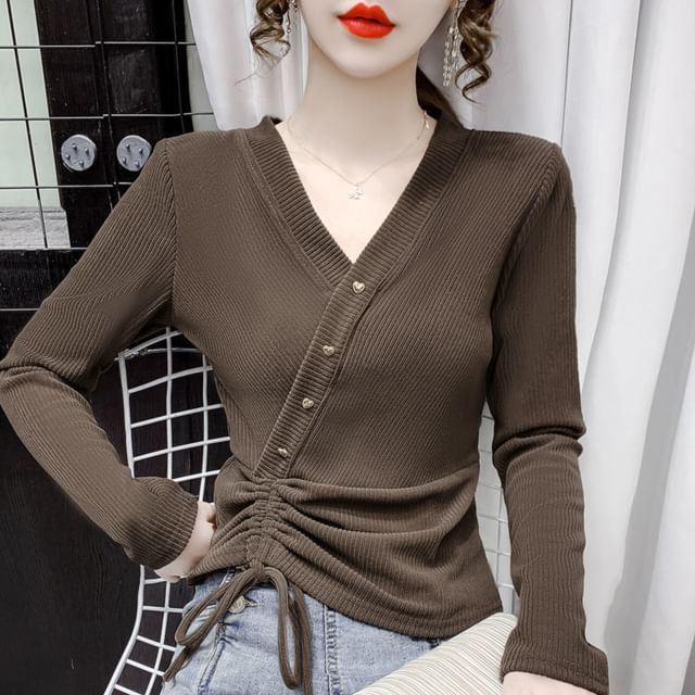 V-Neck Plain Asymmetrical Crop Long-Sleeve Top