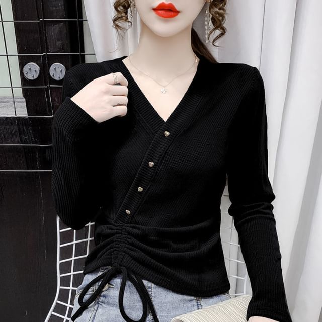 V-Neck Plain Asymmetrical Crop Long-Sleeve Top