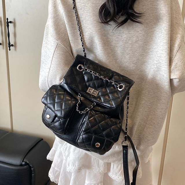 Leather Quilted Chain Faux Strap Backpack