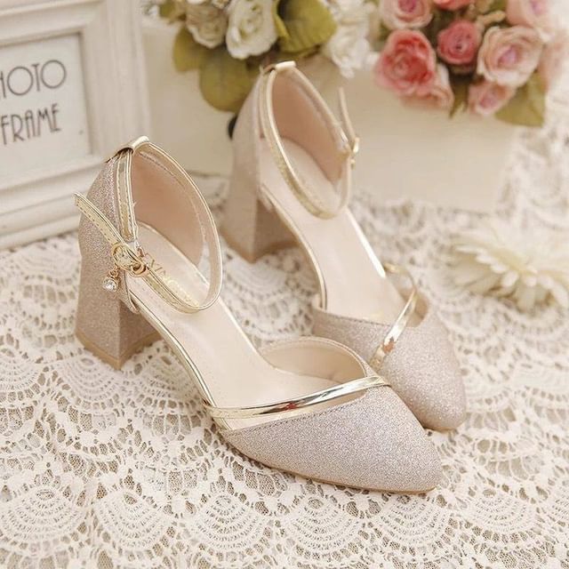 Strap Heel Ankle Pumps Glitter Chunky