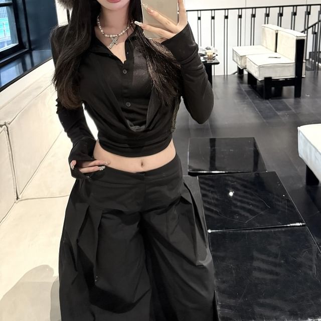 Sample Long-Sleeve Collar Plain Cropped Tee / Low Rise Inverted Pleated Wide Leg Pants