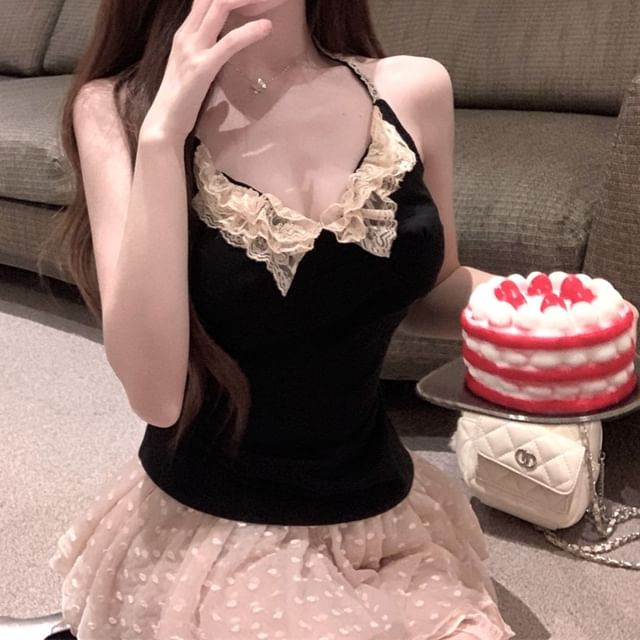 Sample Scoop Neck Plain Lace Trim Halter Top / Mid Rise Dotted Asymmetrical Mini A-Line Skirt