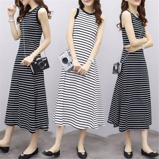 Crew Striped Neck Tank A-Line Midi Dress