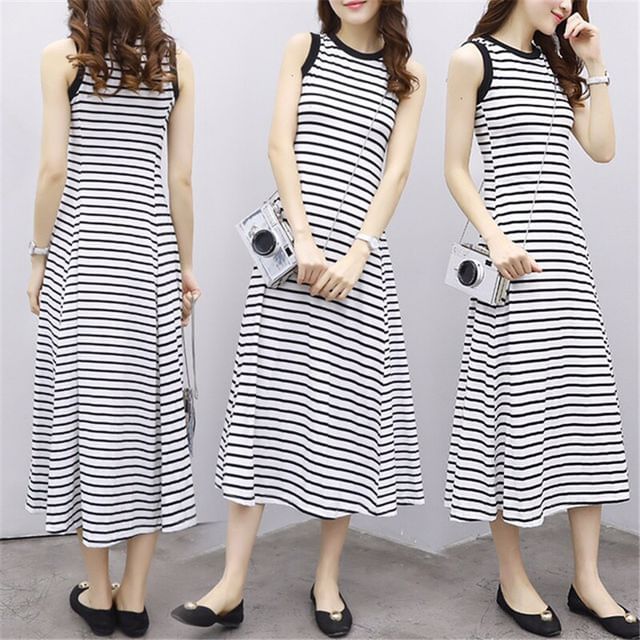 Crew Striped Neck Tank A-Line Midi Dress