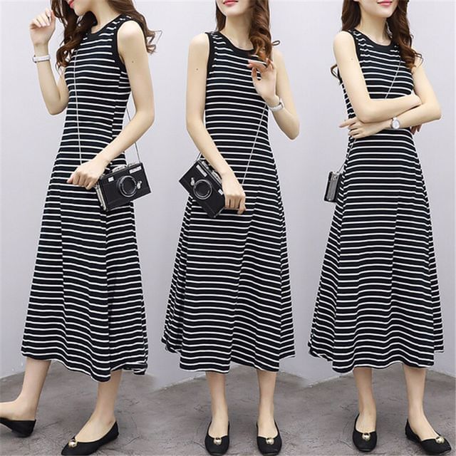 Crew Striped Neck Tank A-Line Midi Dress