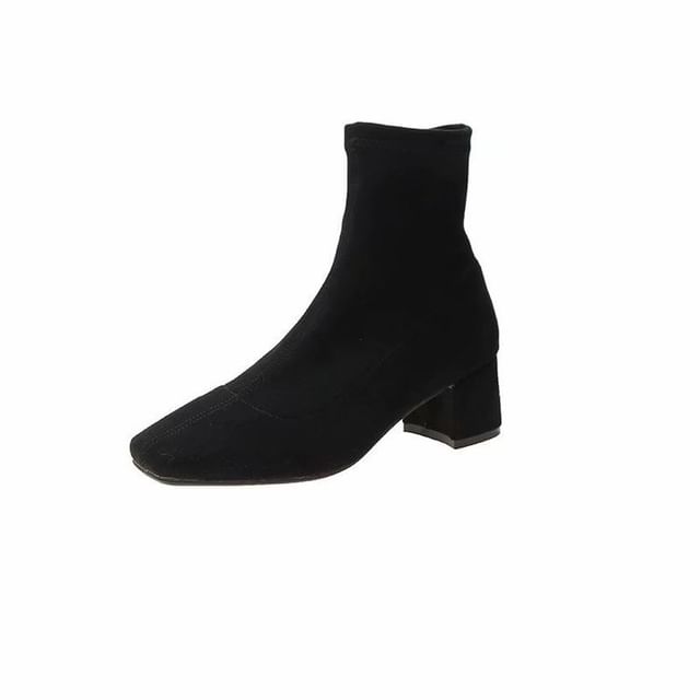 Heel Square Boots Plain Toe Zip-Up Chunky Short