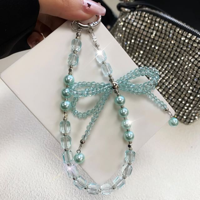 Faux Strap Phone Crystal Pearl with Bow Pad Lanyard