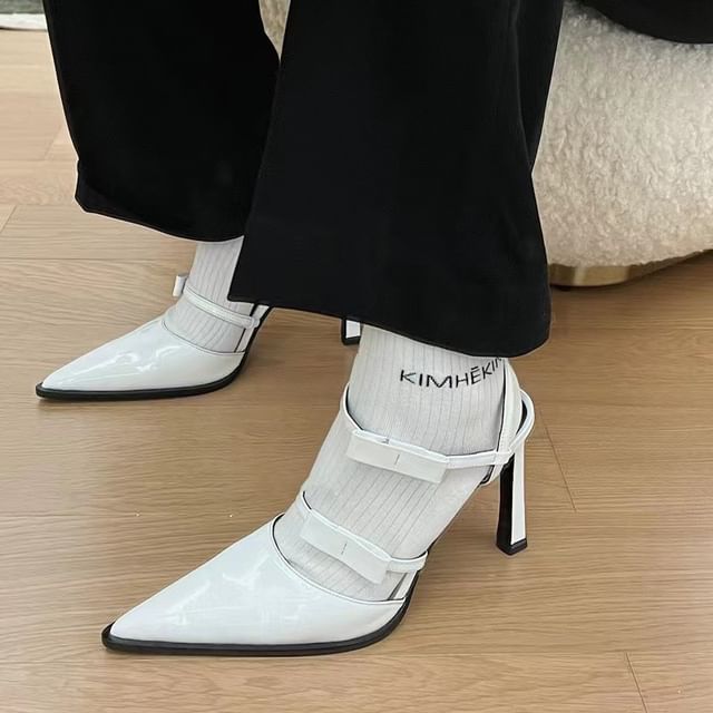 Stiletto Pointed Toe Ankle Strap Bow Accent Patent Leather Sandals