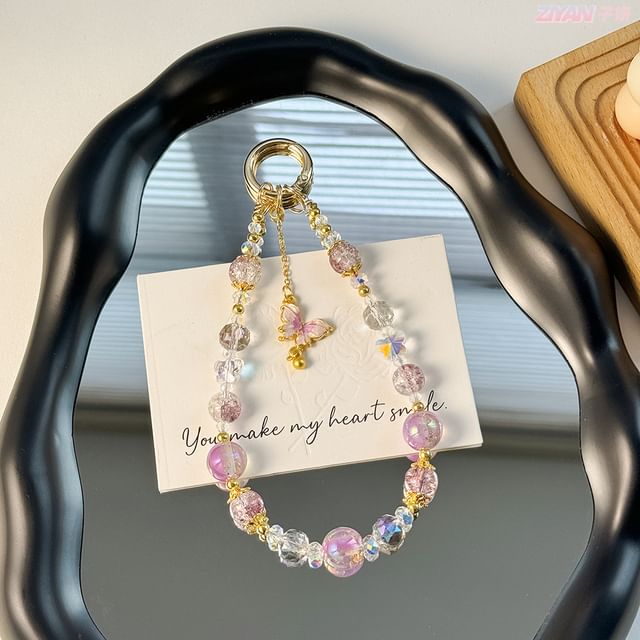 Crystal Faux Pad with Butterfly Lanyard Phone Strap