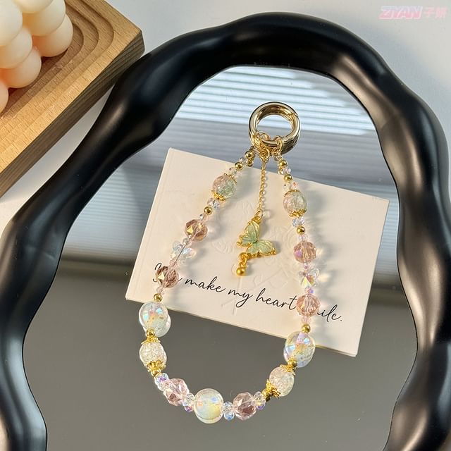 Crystal Faux Pad with Butterfly Lanyard Phone Strap