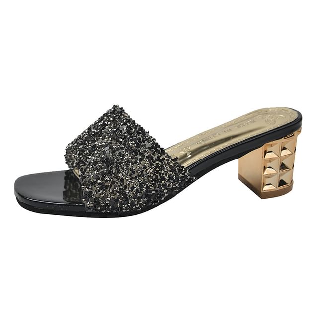 Chunky Rhinestone Sandals Slide Heel