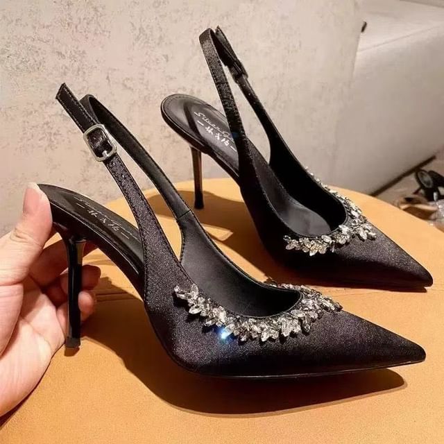 Slingback Rhinestone Sandals Pointed Stiletto Toe Heel