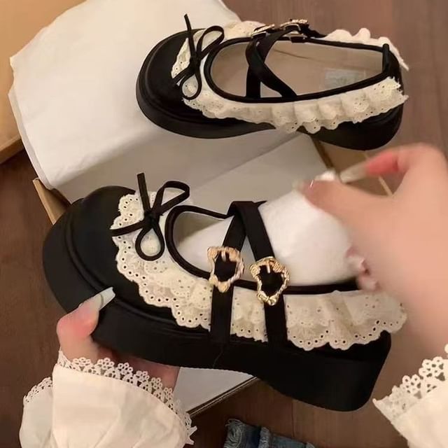 Trim Jane Lace Platform Ruffle Shoes Buckled Mary