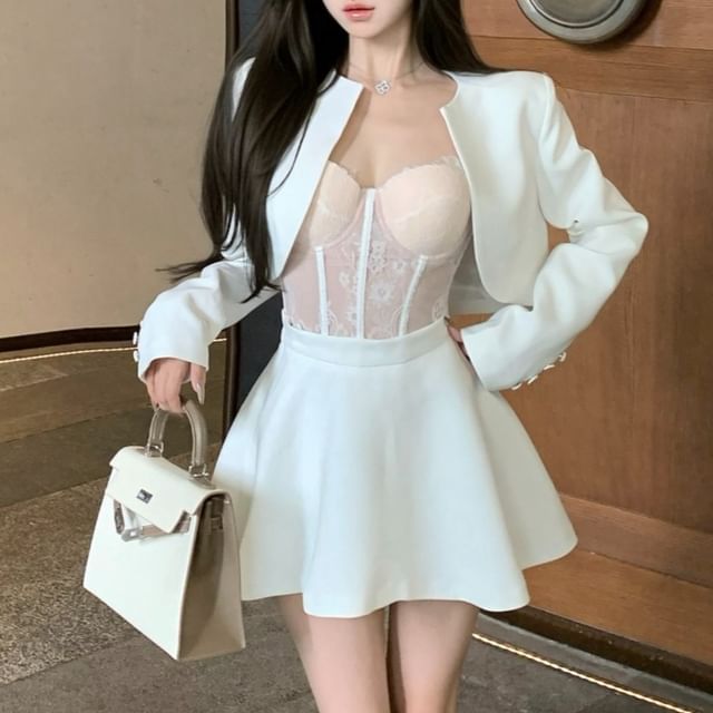 Plain Cropped Open Front Jacket / High Rise Mini A-Line Skirt / Lace Bustier Top