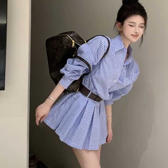 Wholesale Sample Long-Sleeve Henley Plaid Pocket Front Pleated Hem Mini Shirt Dress