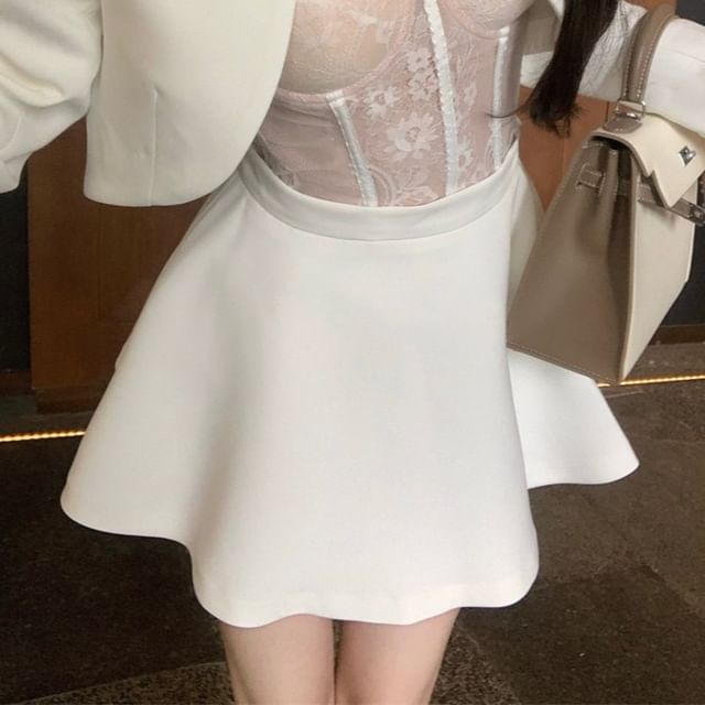 Plain Cropped Open Front Jacket / High Rise Mini A-Line Skirt / Lace Bustier Top