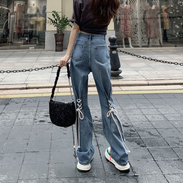Washed High Flared Jeans Rise Up Lace