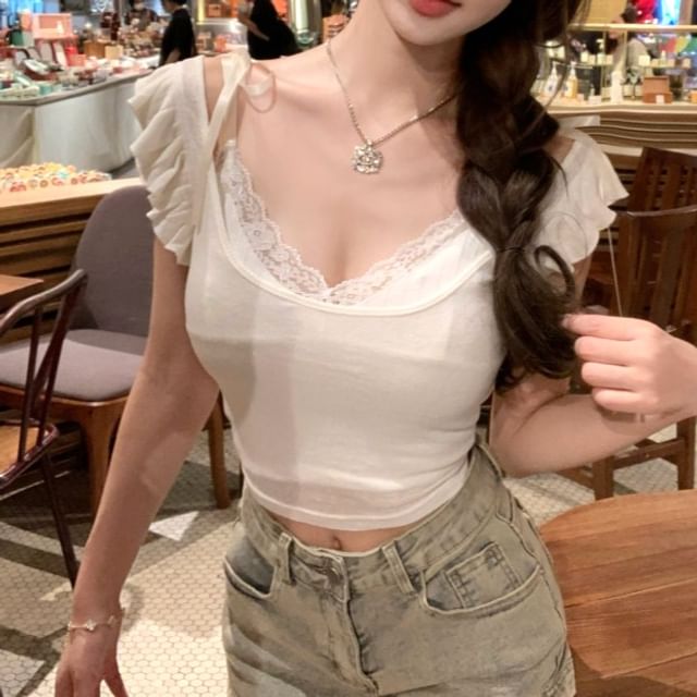 Cap-Sleeve Scoop Neck Plain Ruffle Cropped Tee / V-Neck Lace Trim Cami Top