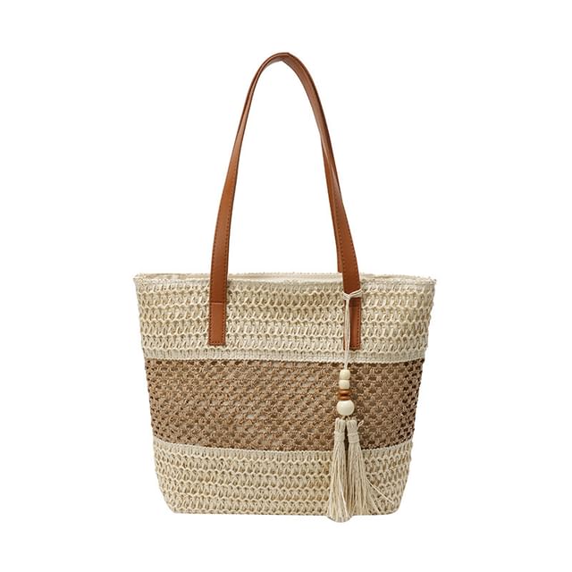 Sample Two-Tone Woven Tassel Tote Bag