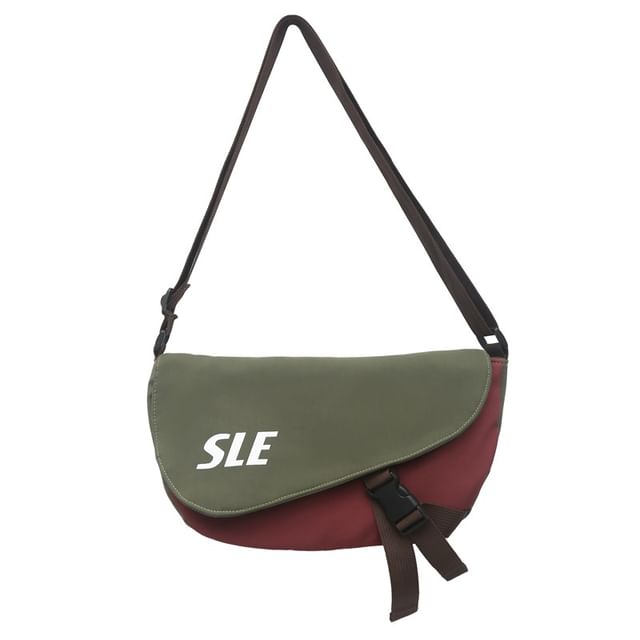 Sample Lettering Two-Tone Buckled Flap Crossbody Bag